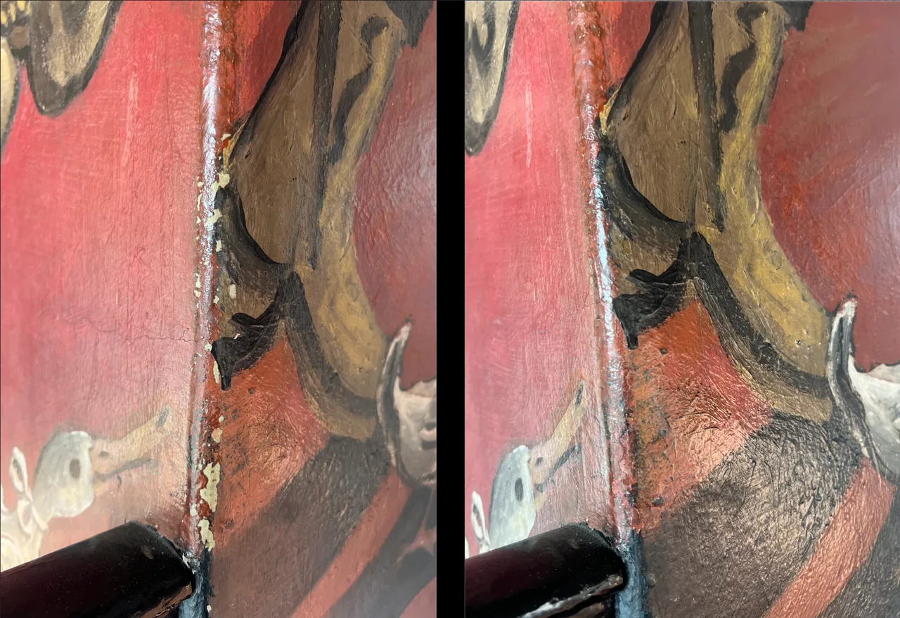Side-by-side photograph showing mural book details before and after cleaning