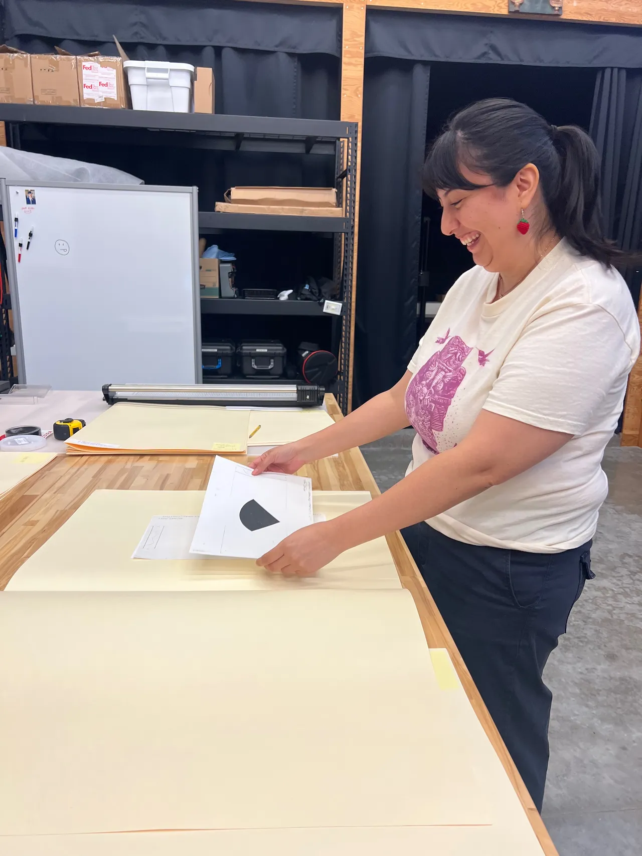 Jennifer comparing Lippincott fabrication files side-by-side with Carlson drawings