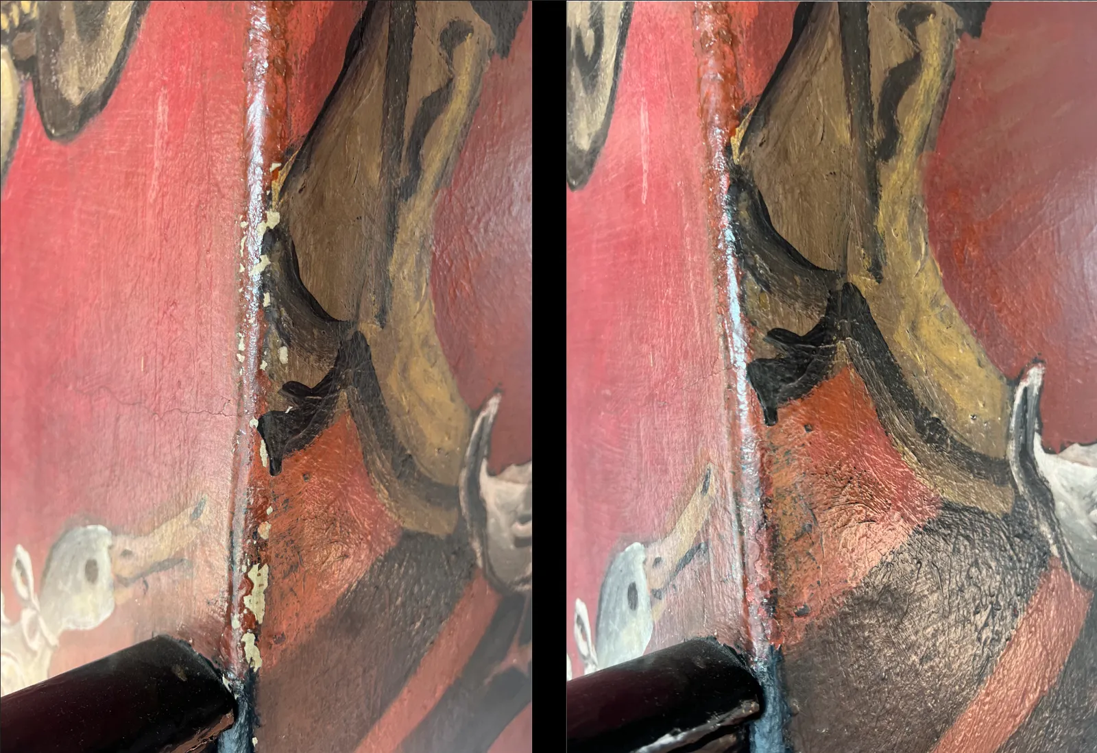 Side-by-side photograph showing mural book details before and after cleaning